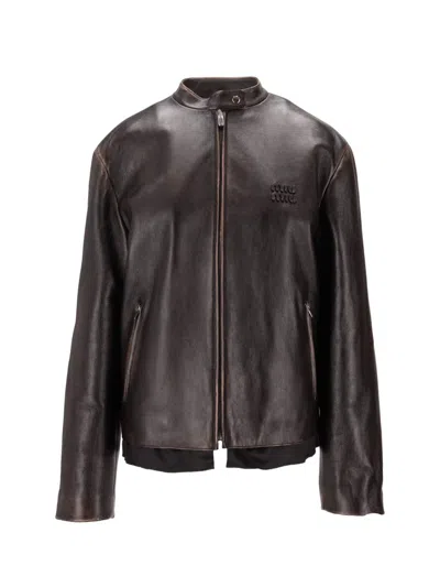 Miu Miu Leather Jacket With Stand Collar And Pockets In Brown