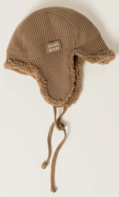 Miu Miu Cashmere Wool Hat Ear Flaps In Brown