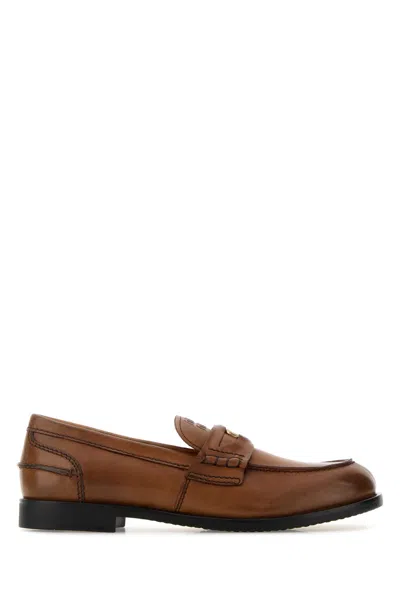 Miu Miu Caramel Leather Loafers In Brown