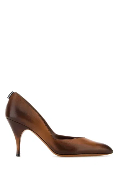 Miu Miu Caramel Leather Pumps In Brown