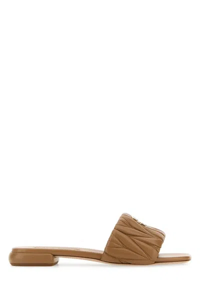 Miu Miu Caramel Nappa Leather Slippers In Caramello