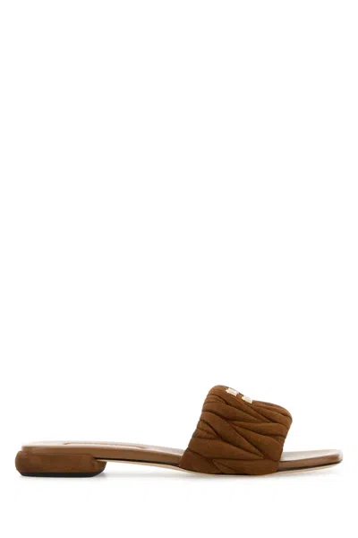 Miu Miu Caramel Suede Slippers In Brown