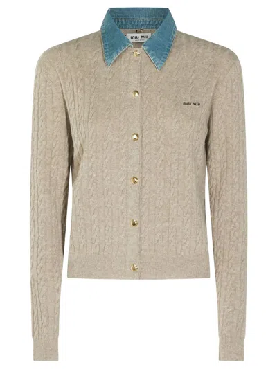 Miu Miu Cashmere Cable Knit Cardigan With Denim Collar In Brown