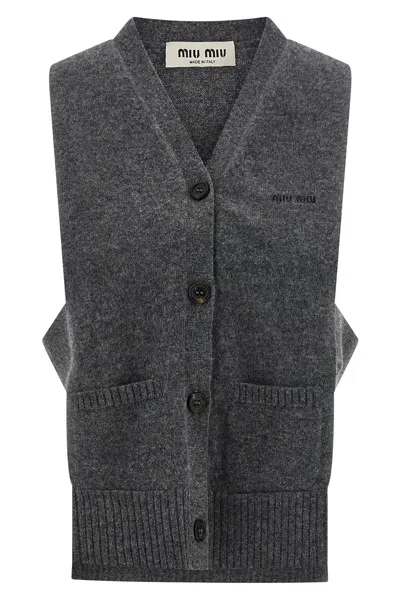 Miu Miu Knitwear Top Sleeveless Ribbed Hem Pockets In Gray