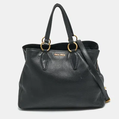 Pre-owned Miu Miu Caribu Black Grained Leather Zip Tote