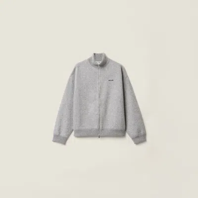 Miu Miu Cashmere And Jersey Zipper Cardigan In Gray