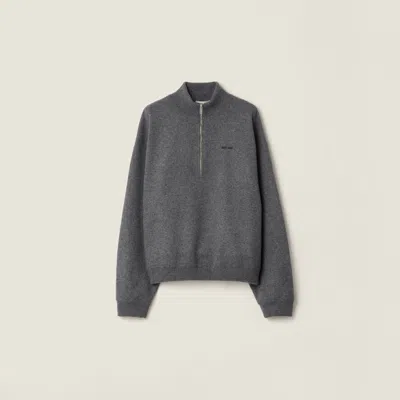 Miu Miu Cashmere And Jersey Zipper Sweater In Gray