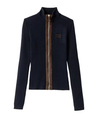 MIU MIU CASHMERE AND LEATHER ZIPPER CARDIGAN
