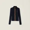 Miu Miu Cashmere And Leather Zipper Cardigan In Blue