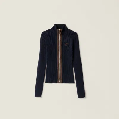 Miu Miu Cashmere And Leather Zipper Cardigan In Blue