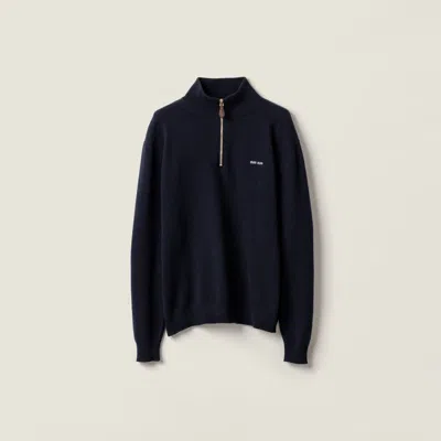 Miu Miu Cashmere And Leather Zipper Sweater In Blue