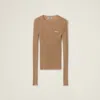 Miu Miu Cashmere Silk Rib Crewneck Sweater In Camel Brown