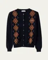 Miu Miu Cashmere Argyle Crewneck Cardigan In Blue