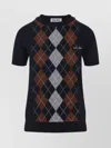 Miu Miu Cashmere Argyle Short-sleeve Sweater In Blue