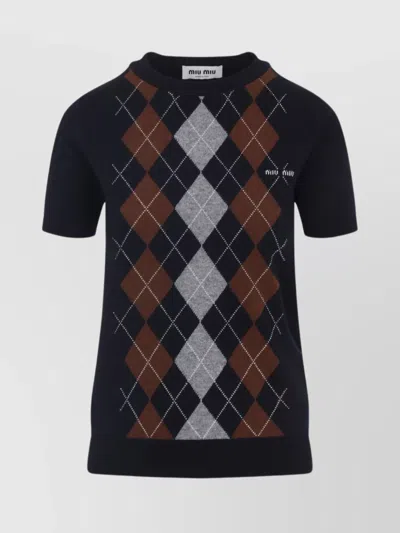 Miu Miu Cashmere Argyle Front Pullover In Blue