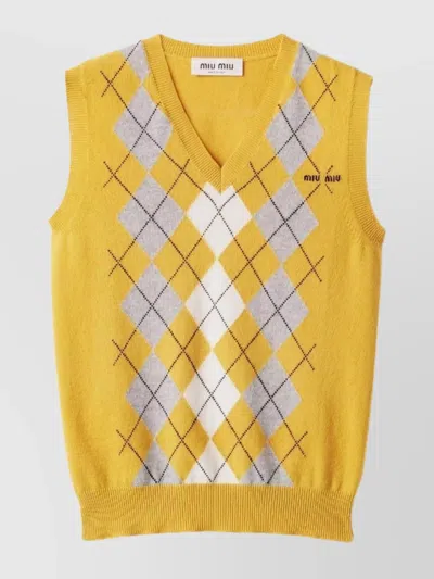 Miu Miu Cashmere Argyle Knitwear Sleeveless V-neck In Multi