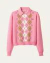 Miu Miu Cashmere Argyle Long-sleeve Polo Sweater In Pink
