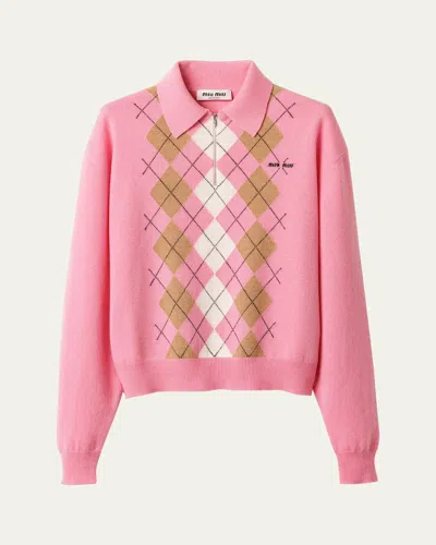 MIU MIU CASHMERE ARGYLE LONG-SLEEVE POLO SWEATER