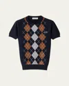 Miu Miu Cashmere Argyle Short-sleeve Sweater In Black