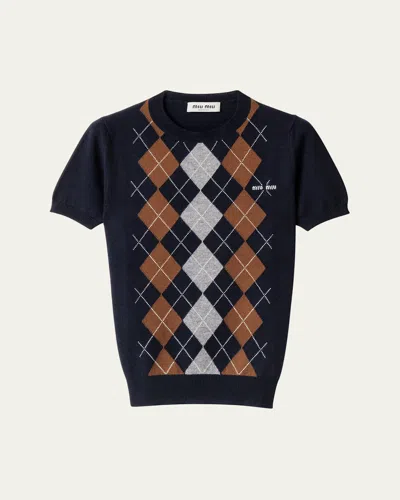 Miu Miu Cashmere Argyle Short-sleeve Sweater In Blue