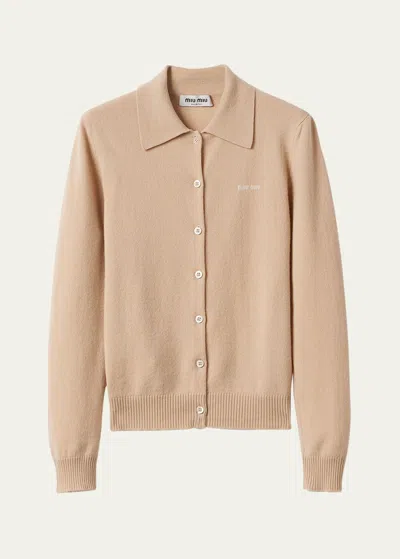 Miu Miu Logo-intarsia Cashmere-knit Cardigan In Albino