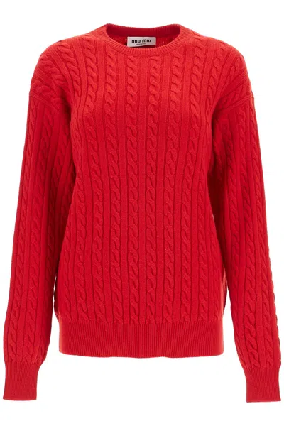 Miu Miu Crew-neck Cable-knit Jumper In Red
