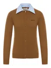 Miu Miu Cashmere Cardigan With Detachable Stripe Collar In Brown