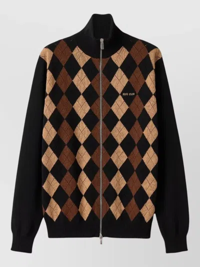 Miu Miu Cashmere Cardigan Argyle Pattern High Neck In Black