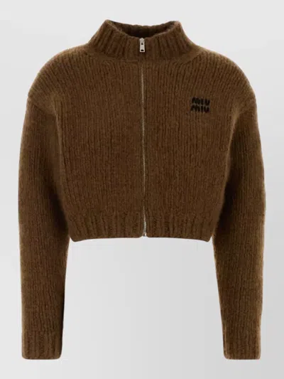 Miu Miu Cashmere Cardigan Cropped High Neck Ribbed In Brown