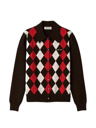 Miu Miu Cashmere Cardigan Polo Collar Argyle Knit In Brown