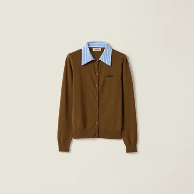 Miu Miu Cashmere Cardigan With Collar In Brown
