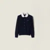 Miu Miu Cashmere Cardigan With Embroidered Poplin Collar In Blue