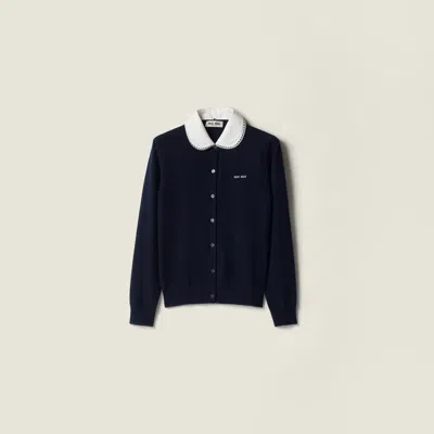 Miu Miu Cashmere Cardigan With Embroidered Poplin Collar In Blue