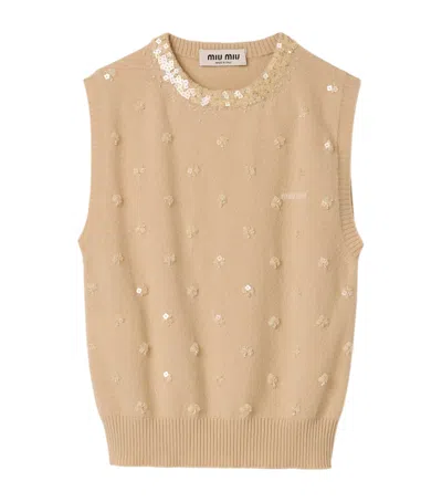 Miu Miu Cashmere Embellished Knit Vest In Neutral