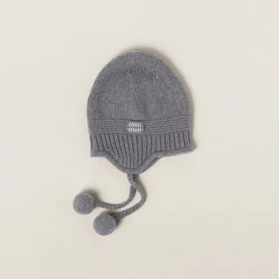 Miu Miu Cozy Knit Beanie Hat With Ear Flaps In Gray
