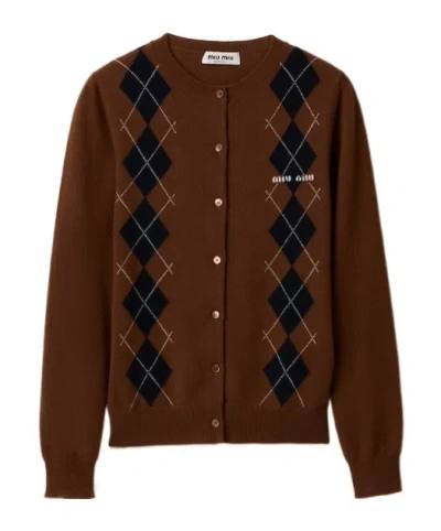 Miu Miu Cashmere Knit Cardigan In Brown