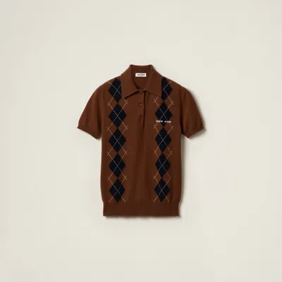 Miu Miu Cashmere Knit Polo Shirt In Tobacco