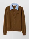 Miu Miu Cashmere Cardigan With Detachable Stripe Collar In Brown
