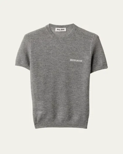 Miu Miu Cashmere Lacy Short-sleeve Sweater In Gray