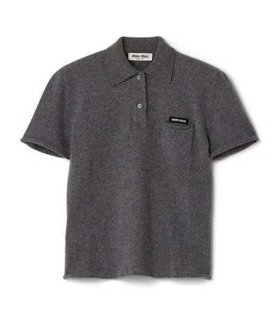 Miu Miu Cashmere Logo Polo Shirt In Gray