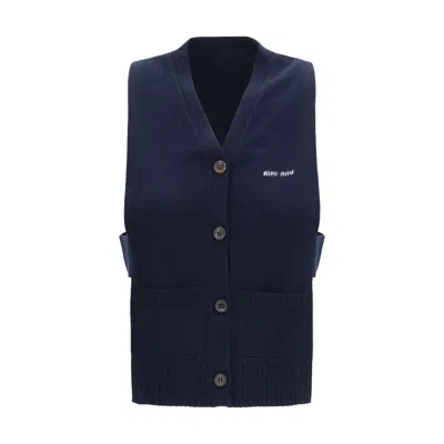 Miu Miu Cashmere Logo Vest In Blue