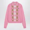 Miu Miu Argyle Pattern Polo With Ribbed Cuffs And Hem In Pink