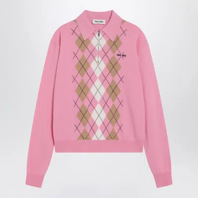 Miu Miu Argyle Pattern Polo With Ribbed Cuffs And Hem In Pink