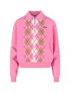 Miu Miu Argyle Pattern Polo With Ribbed Cuffs And Hem In Pink