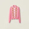 Miu Miu Argyle Pattern Polo With Ribbed Cuffs And Hem In Pink