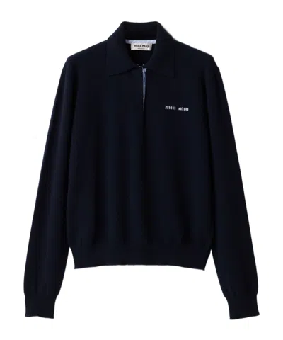 Miu Miu Cashmere Polo Sweater In Blue