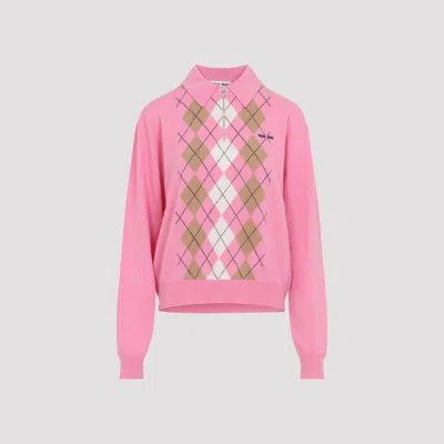 Miu Miu Argyle Pattern Polo With Ribbed Cuffs And Hem In Pink