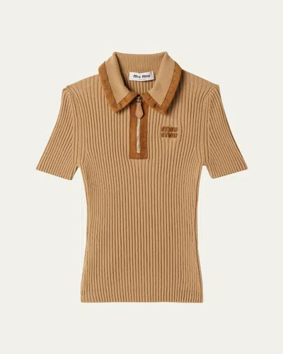 MIU MIU CASHMERE RIB SHORT-SLEEVE POLO TOP