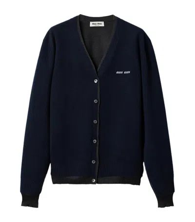 Miu Miu Cashmere-silk Logo Cardigan In Blue