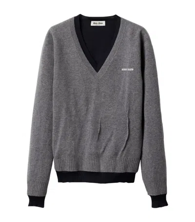 Miu Miu Two-tone Cashmere And Silk Oversize Sweater In Gray